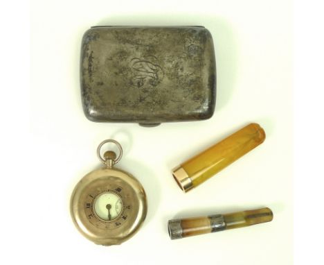 A group of vertu, comprising an amber and 15ct gold mounted cigar / cheroot holder, Birmingham 1902, in a leather case stampe