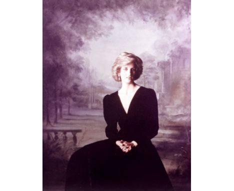 A signed lithographic portrait print of 'Diana, Princess of Wales', wearing a black dress in artist's studio, signed by Princ