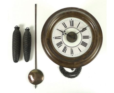 A wall clock, early 20th century, circular white enamel dial with pink chapter ring, black Roman numerals and minute track, b