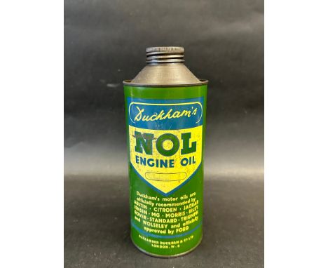 A Duckham's NOL Engine Oil cylindrical quart can.