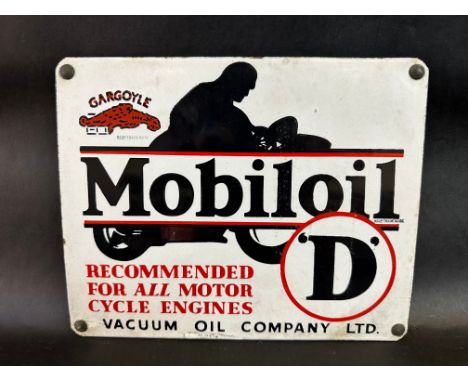 A Gargoyle Mobiloil 'D' grade enamel sign depicting a motorcycle in side profile, excellent condition, 11 x 9".