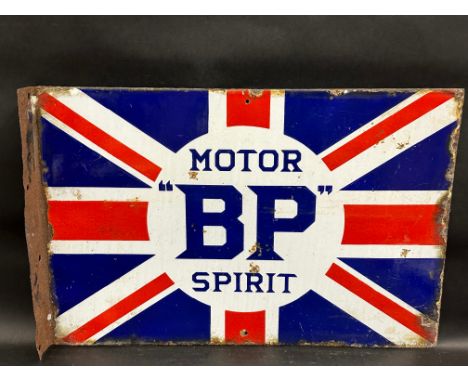 A BP Motor Spirit Union Jack double sided enamel sign with hanging flange, by Franco, 24 x 16".