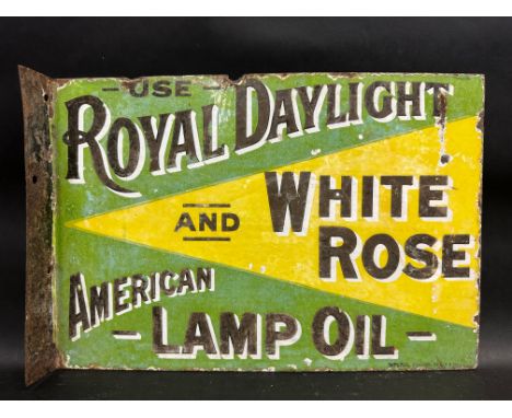 A Royal Daylight and White Rose American Lamp Oil double sided enamel sign with hanging flange by Imperial, 16 x 11".