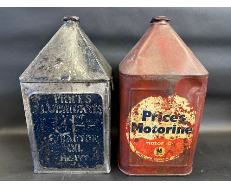 A Price's Motorine five gallon pyramid can and a Price's Lubricants Tractor Oil five gallon can.