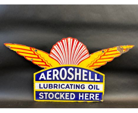An Aeroshell Lubricating Oil Stocked Here double sided enamel sign, 28 x 15".
