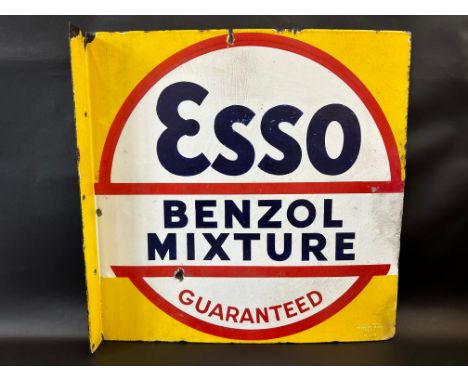 An Esso Benzol Mixture Guaranteed double sided enamel sign with hanging flange, some retouching to the blue letters, and one 