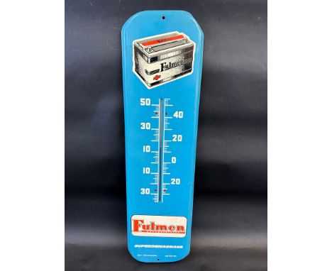 A rectangular tin thermometer advertising Fulmen batteries, 7 1/2 x 27".