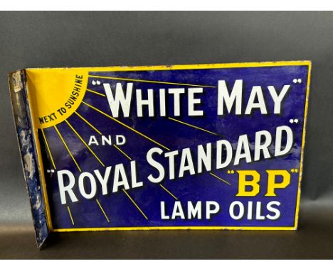 A White May and Royal Standard BP Lamp Oils double sided enamel sign with hanging flange, by Imperial Enamel, very good condi