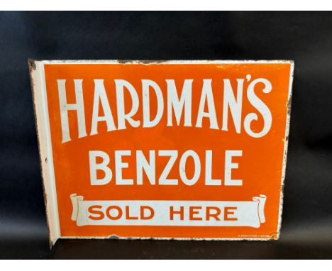 An extremely rare double sided enamel sign with hanging flange, advertising Hardman's Benzole, made by F. Francic &amp; Sons 