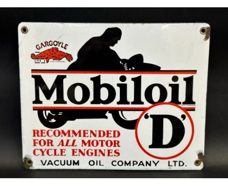 A Gargoyle Mobiloil 'D' grade enamel sign depicting a motorcycle in side profile, excellent condition, 11 x 9".