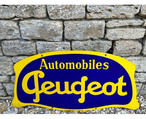 A French Peugeot double sided enamel sign in excellent condition, 39 1/4 x 19 3/4".