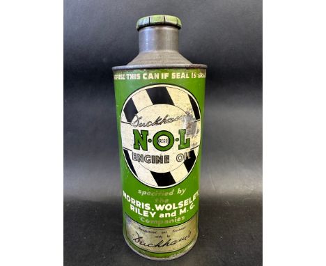 A Duckhams NOL Engine Oil quart cylindrical oil can, specified by the Morris, Wolseley, Riley and MG.