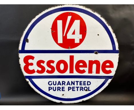 An Essolene Guaranteed Pure Petrol circular double sided enamel sign, in good condition, 30" diameter.