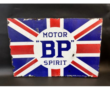 A BP Motor Spirit Union Jack double sided enamel sign with hanging flange, by Franco, good condition to one side, 24 x 16".