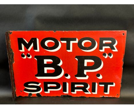 A BP Motor Spirit double sided enamel sign with hanging flange, made by Franco 24 x 16".