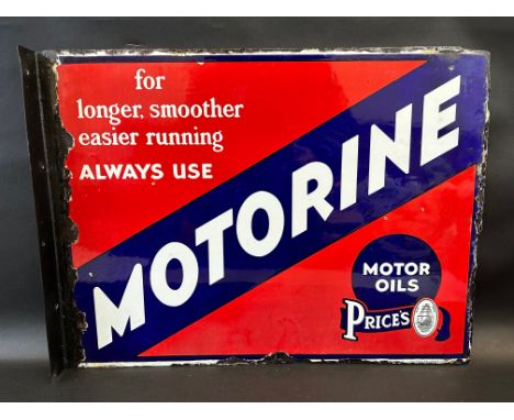 A Price's Motorine Motor Oils double sided enamel sign with replacement hanging flange, 24 x 18".