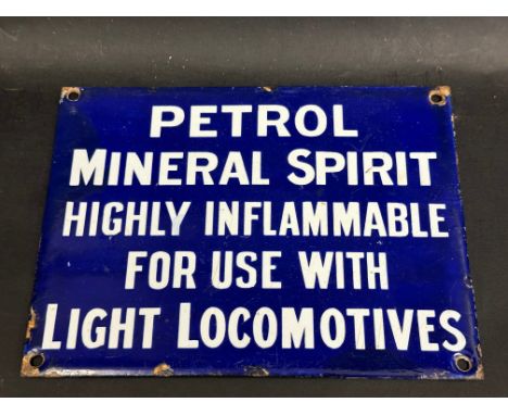 A small enamel sign for 'Petrol Mineral Spirit...for use with Light Locomotives', some minor professional restoration, 8 x 6"