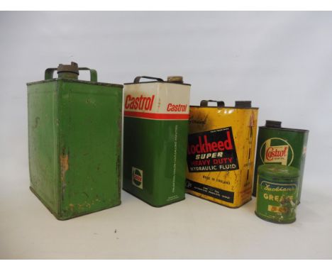 A Light Shale Oil two gallon petrol can, a Castrol gallon can, a Lockheed Hydraulic Fluid can and two others.