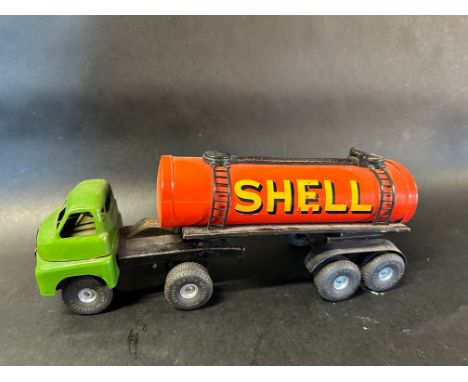 A Tri-ang tinplate model of a Shell and BP petrol tanker.