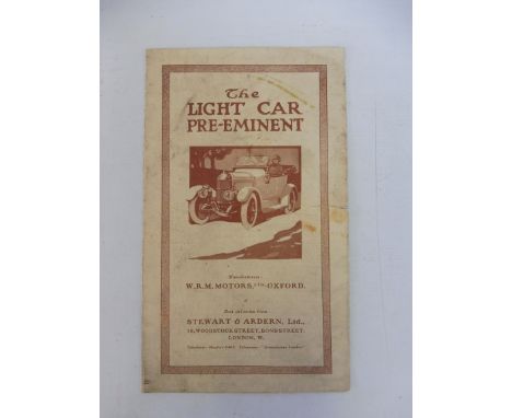 A small Edwardian Morris sales brochure titled 'The Light Car Pre-Eminent' featuring the Morris Oxford 10hp Light Car.