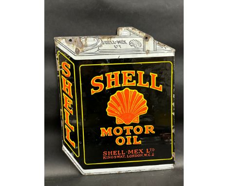 A Shell Motor Oil can-shaped double sided enamel sign in good condition, 16 x 20".