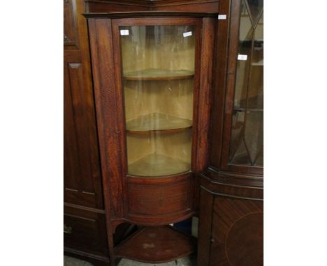 MAHOGANY INLAID BOW FRONTED CORNER CUPBOARD WITH SINGLE GLAZED DOOR WITH OPEN SHELF