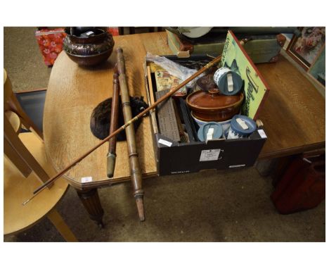 TWO TREEN TURNED HANDLES, FIRE IRONS, MODEL OF A CAT, CRIBBAGE BOARD ETC