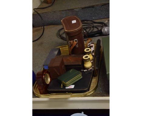 TRAY CONTAINING IVORY OPERA GLASSES, CASED SET OF BINOCULARS, TABLE TOP BOX, BAYARD TRAVEL CLOCK ETC