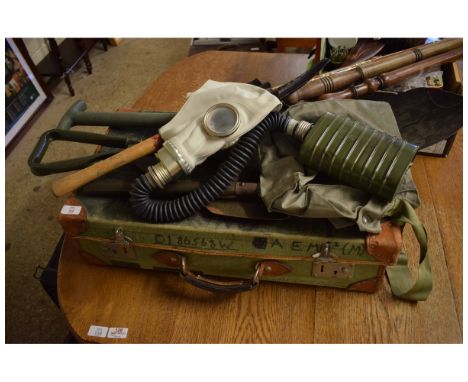 LEATHER BOUND CASE TOGETHER WITH THREE MODERN TRENCHING TOOLS, A FURTHER SPADE AND A MODERN GAS MASK