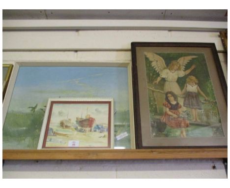 SMALL WATERCOLOUR OF BOATS BY BERNARD COULTER, A VERNON WARD PRINT AND A FURTHER PRINT OF THE MONA LISA ETC (4)