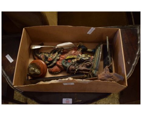 BOX CONTAINING MIXED SCALES, A PUNCH DOOR STOP AND A BRONZED MODEL OF A DOG’S HEAD