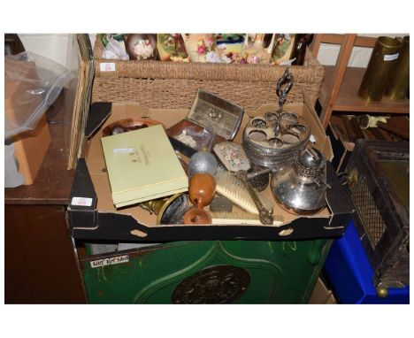 BOX CONTAINING MINIATURE TILLEY LAMP, TELEPHONE, MIXED TREEN ITEMS, SILVER PLATED CRUET STAND ETC