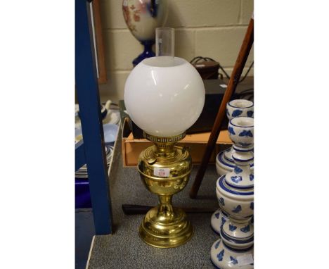 VICTORIAN BRASS TYPE OIL LAMP WITH OPAQUE SHADE