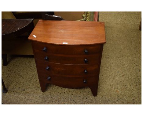 19TH CENTURY MAHOGANY COMMODE, BOW FRONTED WITH FOUR FAUX DRAWERS WITH TURNED KNOB HANDLES