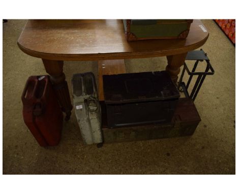 TWO 20LTR METAL PETROL CANS AND TWO AMMUNITION TINS AND A FURTHER CRATE FRAME (5)
