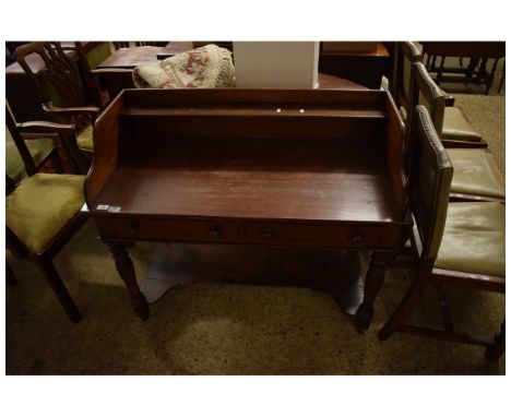 VICTORIAN MAHOGANY SIDE TABLE WITH TWO DRAWERS WITH OPEN SHELF WITH TURNED KNOB HANDLES