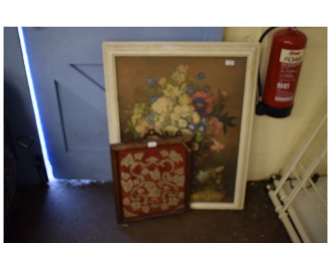 BEADWORK POLE SCREEN, A MIRROR AND A WHITE FRAMED FLORAL PRINT