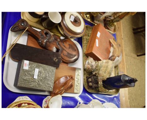 TRAY CONTAINING A SOFTWOOD TRIBAL TYPE CLUB, A PRESSED PEWTER BOX, SHELLS, AN ENAMELLED FLASK ETC