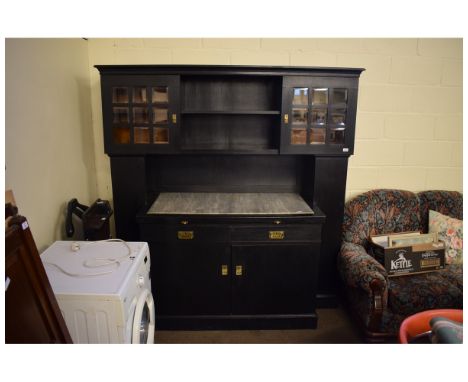 GOOD QUALITY EBONISED SIDEBOARD WITH TWO GLAZED DOORS AND OPEN SHELF WITH MARBLE TOP WITH TWO DRAWERS OVER TWO CUPBOARD DOORS