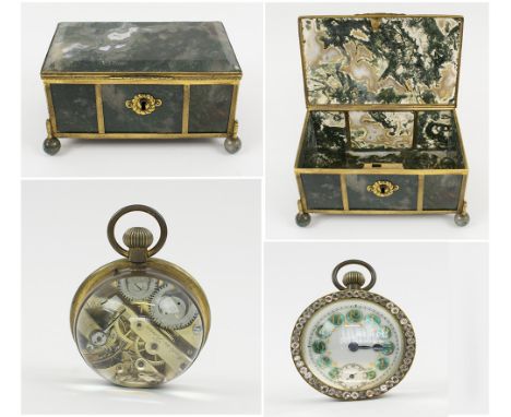 FRENCH MOSS AGATE CASKET, late 19th century with gilt metal mounts (crack to lid), 14cm W x 8cm D x 7cm H; plus a crystal bal