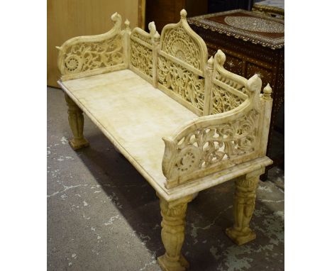 MARBLE HALL BENCH, Mughul style white marble carved and pierced with tripartite back and cylindrical supports, 127cm W x 50cm