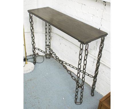 CONSOLE TABLE, with bronzed top on chain link supports, 100cm x 30cm x 82cm H.