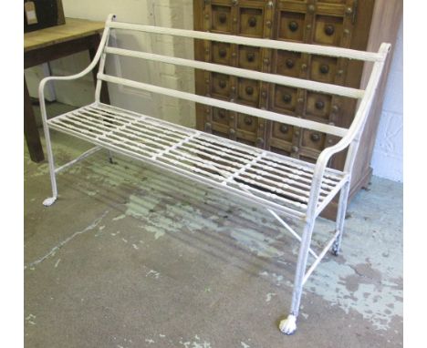 GARDEN BENCH, Regency design cream wrought iron with a rail back, 157cm L x 91.5cm H x 72cm D. (with faults)
