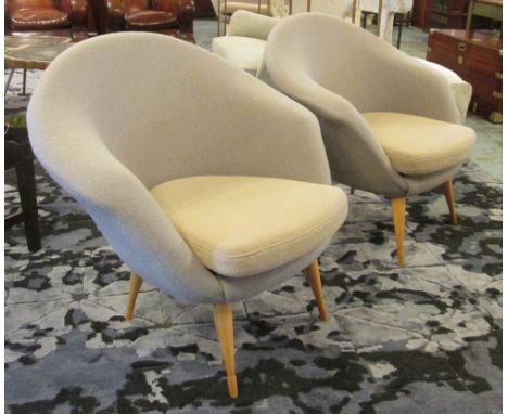 ARMCHAIRS, a pair, Italian circa 1950's newly upholstered in light grey wool with a loose camel coloured seat cushion on shor