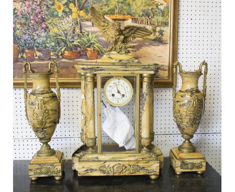 CLOCK GARNITURE (with faults), early 20th century french, the portico clock with gong striking movement plus two urns. 18cm D