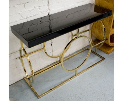 CONSOLE TABLE, black glass top supported gold metal base, 120cm x 40cm x 80cm H.
