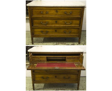 SECRETAIRE COMMODE, Louis XVI circa 1790 fruitwood with a white marble top above a fitted writing drawer and two further long