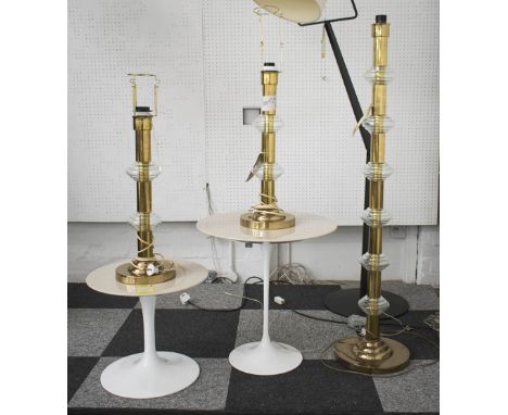 STANDARD LAMP, brass with glass detail, each 58cm H, and two side lamps to match. (3)