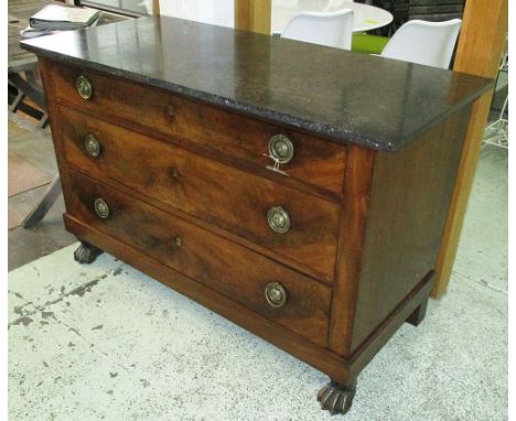 COMMODE, French Empire mahogany, the grey marble top over three long drawers on carved paw supports, 129cm W x 57cm D x 87cm 