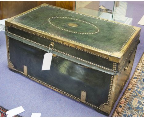 TRUNK, Regency green leather with brass detail and studs and rising lid and paper lined camphorwood interior, 106cm W x 54cm 